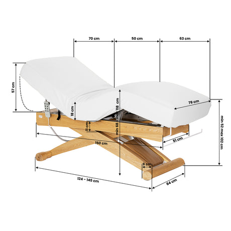 Sillon Siesta Marquesa SPA Elétrica – Branca, Base Castanho Claro · Esquema de dimensões