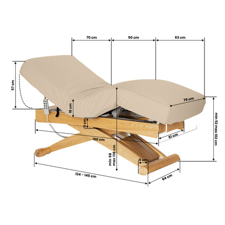 Sillon Siesta Marquesa SPA Elétrica – Bege, Base Castanho Claro · Esquema de dimensões
