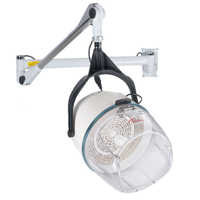 White suspended wall mount hood dryer by Beauty System, BB-6082H model, with adjustable hanging and ventilation features.