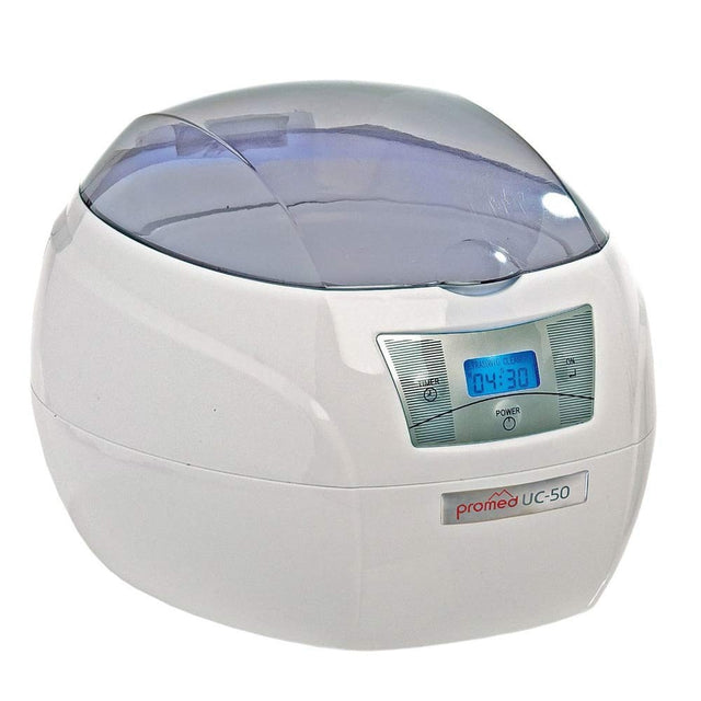 Ultrasonic cleaner in white with digital display, used for cleaning small beauty tools, by Promed for Beauty System.