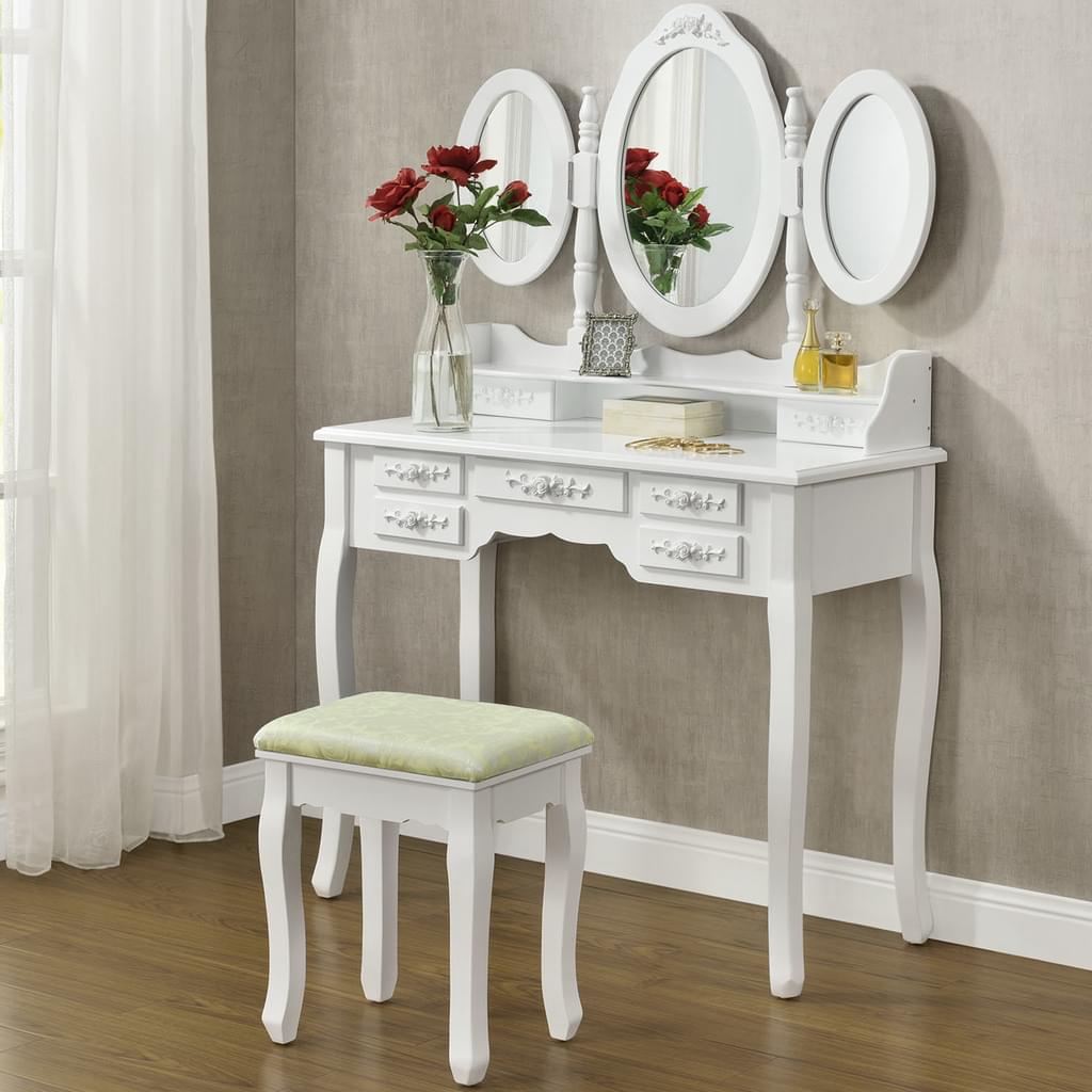 Toaletka biała ELSA 3 mirrors 7 drawers + stool - BVShop
