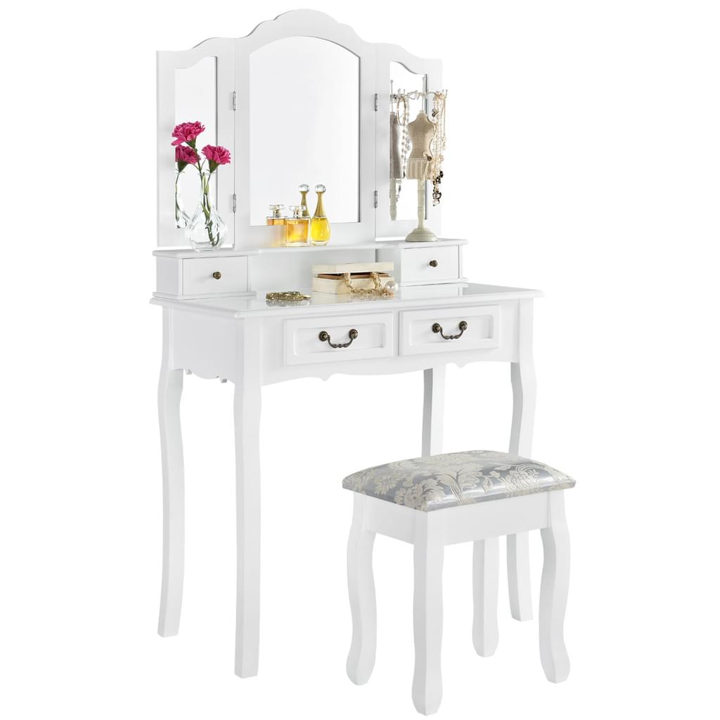 EMMA White Vanity Table with 3 Mirrors, 4 Drawers & Stool - BVShop