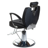 Black barber chair HEKTOR BH-3208 by Beauty System with padded seat, armrests, and adjustable headrest in a professional salon setting.