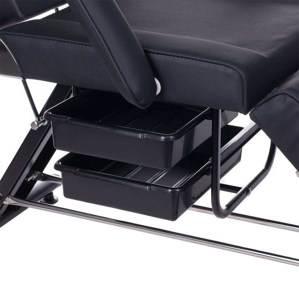 Black cosmetic chair with built-in trays from Beauty System BW-262A, featuring adjustable height and comfortable padding.