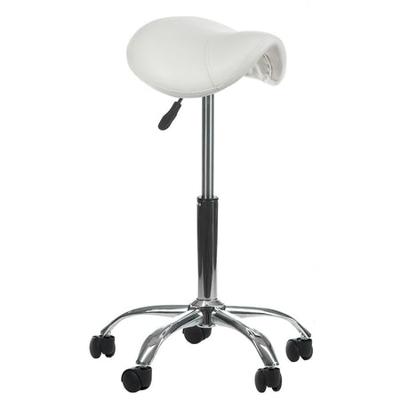 White cosmetic stool BD-9909 from Beauty System with a cushioned seat and adjustable height, shown from a front angle.