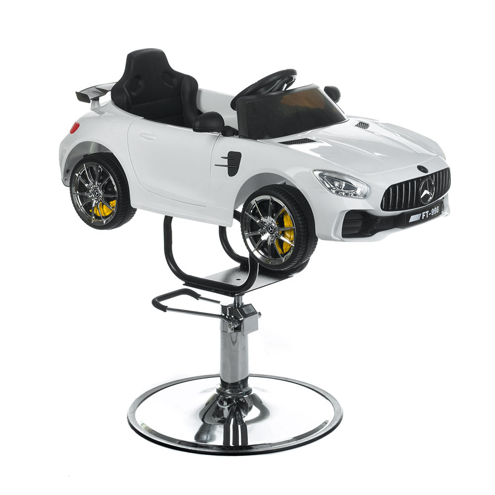 Children's Mercedes white hairdressing chair by Beauty System, featuring a sleek design with adjustable height and comfortable seating.