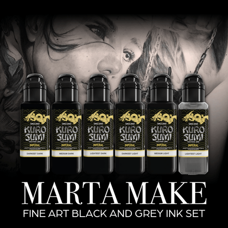 Kuro Sumi Imperial Tattoo Ink Marta Make Fine Art Preto e Cinzento Conjunto 6x44ml