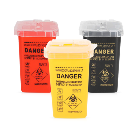 1-liter AVA needle container with a clear plastic body and secure lid, designed for safe needle storage and disposal.