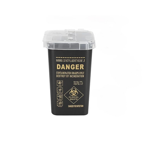 Black 1-liter AVA needle container for safe storage and disposal of sewing needles and pins.