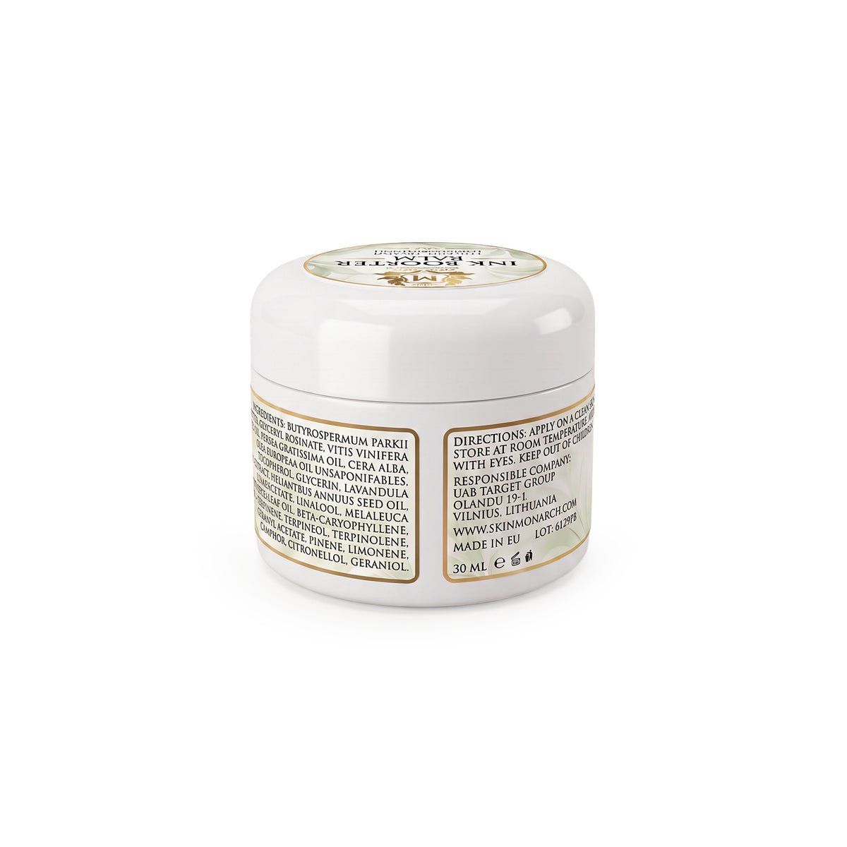 Skin Monarch Ink Booster Balm 30ml, rótulo posterior com ingredientes e instruções
