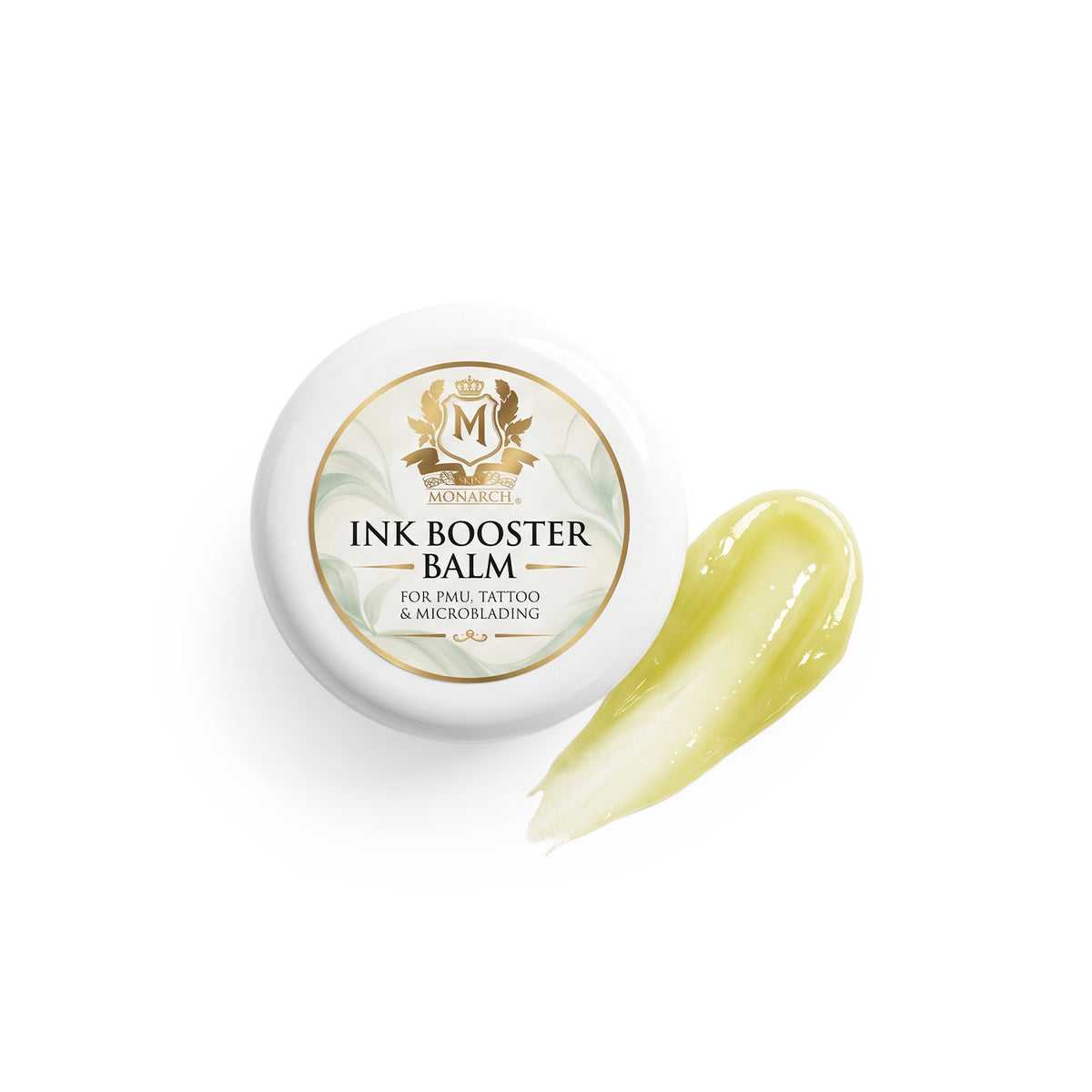 Skin Monarch Ink Booster Balm 30ml, tampa junto a uma amostra de bálsamo amarelo brilhante