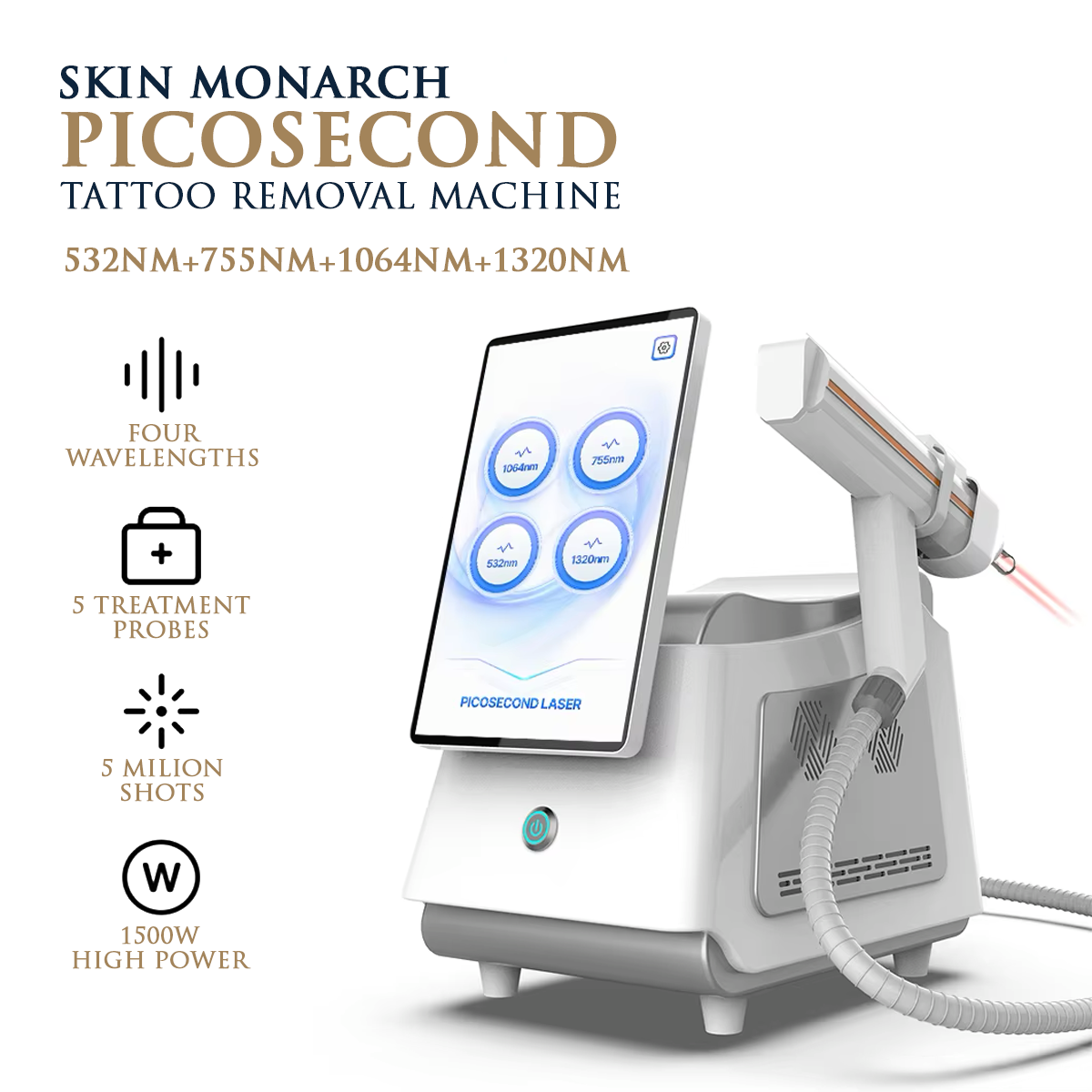 Skin Monarch Picosecond tattoo removal laser machine with 1500W power, featuring a sleek design and control panel for professional use.
