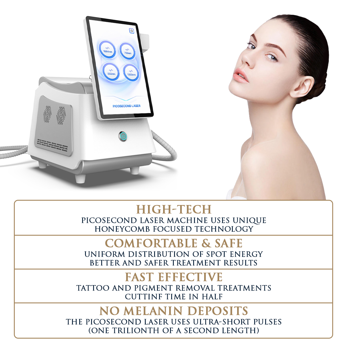 Skin Monarch Picosecond tattoo removal laser machine with 1500W power, featuring a sleek design and control panel.