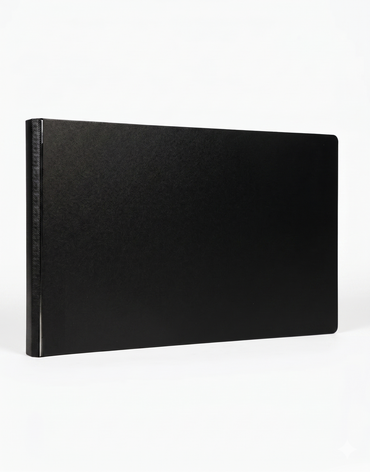 Black leather-bound book on a white background