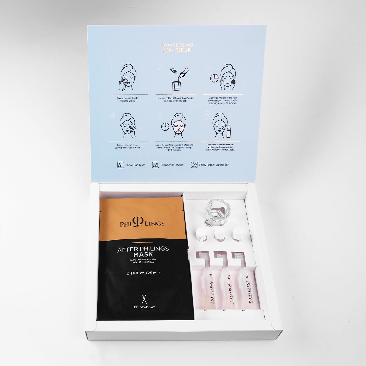 PhiAcademy Bioneedling Skin Repair Home Use Set 3 Treatments — open Bioneedling kit and instruction card