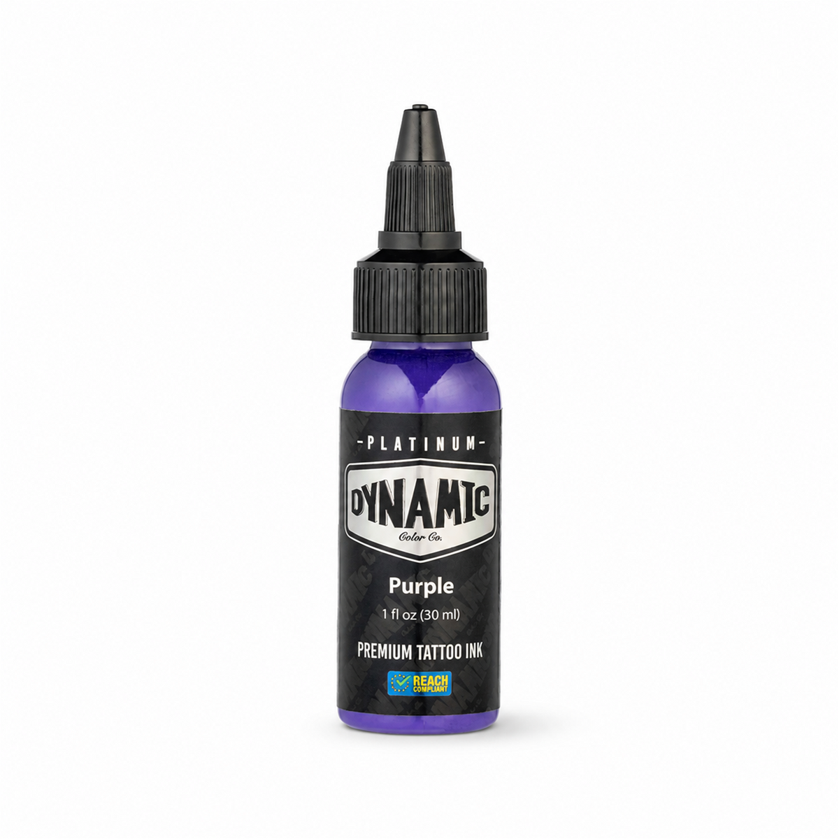 Frasco de tinta para tatuagem Dynamic Platinum Purple 30ml sobre fundo branco com sombra suave e natural