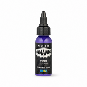 Frasco de tinta para tatuagem Dynamic Platinum Purple 30ml sobre fundo branco com sombra suave e natural