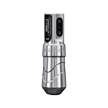 FK Irons Flux Max tattoo machine, Blade silver, angled view