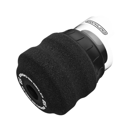 FK Irons Ergo Shield Grip 60mm disposable foam tattoo grip in black, shown in a box of 24 grips with protective shield.