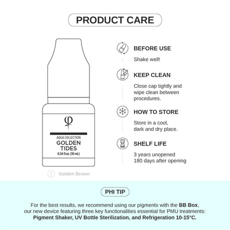 PhiAcademy PMU Aqua Golden Tides Pigment 10ml — product care and storage