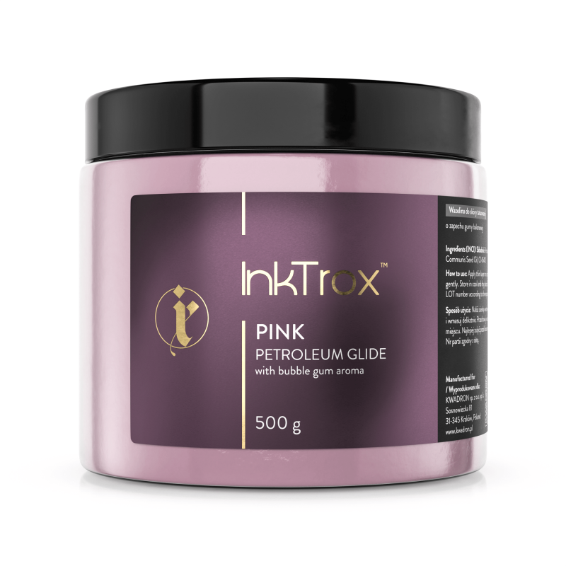 InkTrox GLIDE Pink Bubblegum 500g bottle featuring vibrant pink liquid with a clear label and black cap, designed for vaping.