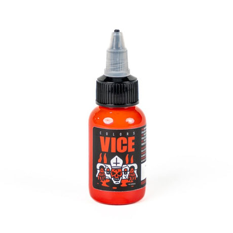 Vibrant Burning Red 30ml nail polish bottle by Vice Colors with the cap off, showing the bright red color inside.