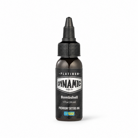 Platinum By Dynamic Tattoo Ink Bombshell 30ml bottle on a white background with a natural shadow