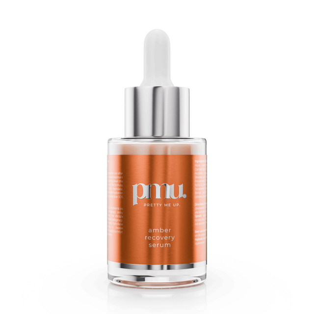 Kwadron Pretty Me Up Amber Recovery Serum 30ml bottle with dropper, designed for post-PMU skin care and recovery.