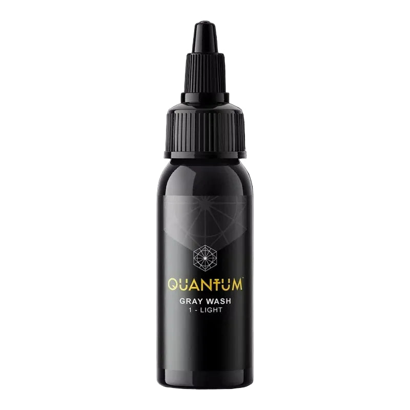 Quantum Tattoo Gray Wash Light Pigments 120ml bottle, showing the gray ink pigment for tattooing, with a focus on the product label.